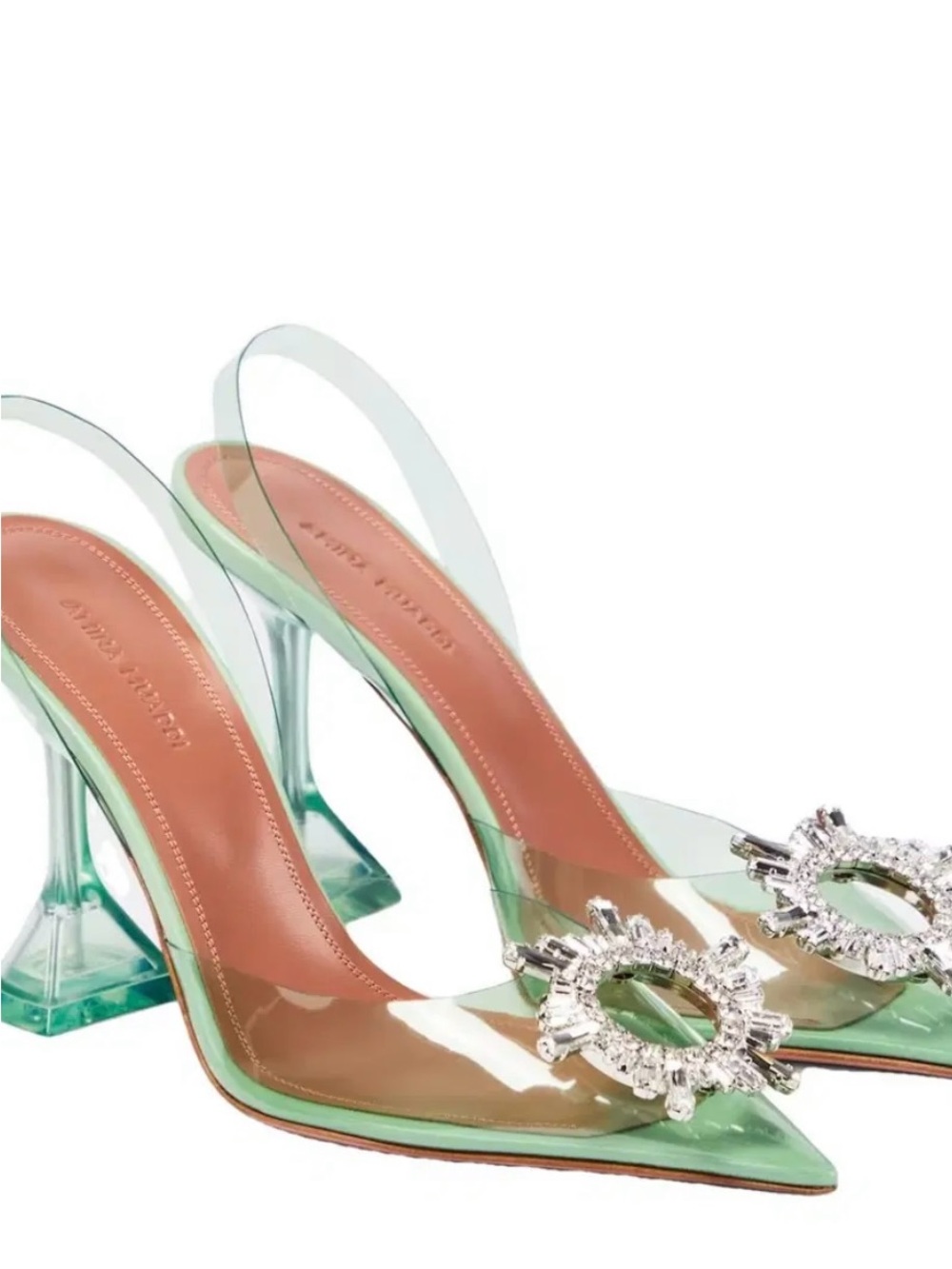 Amina Muaddi Green PVC Slingback Pumps with Crystal Rosette